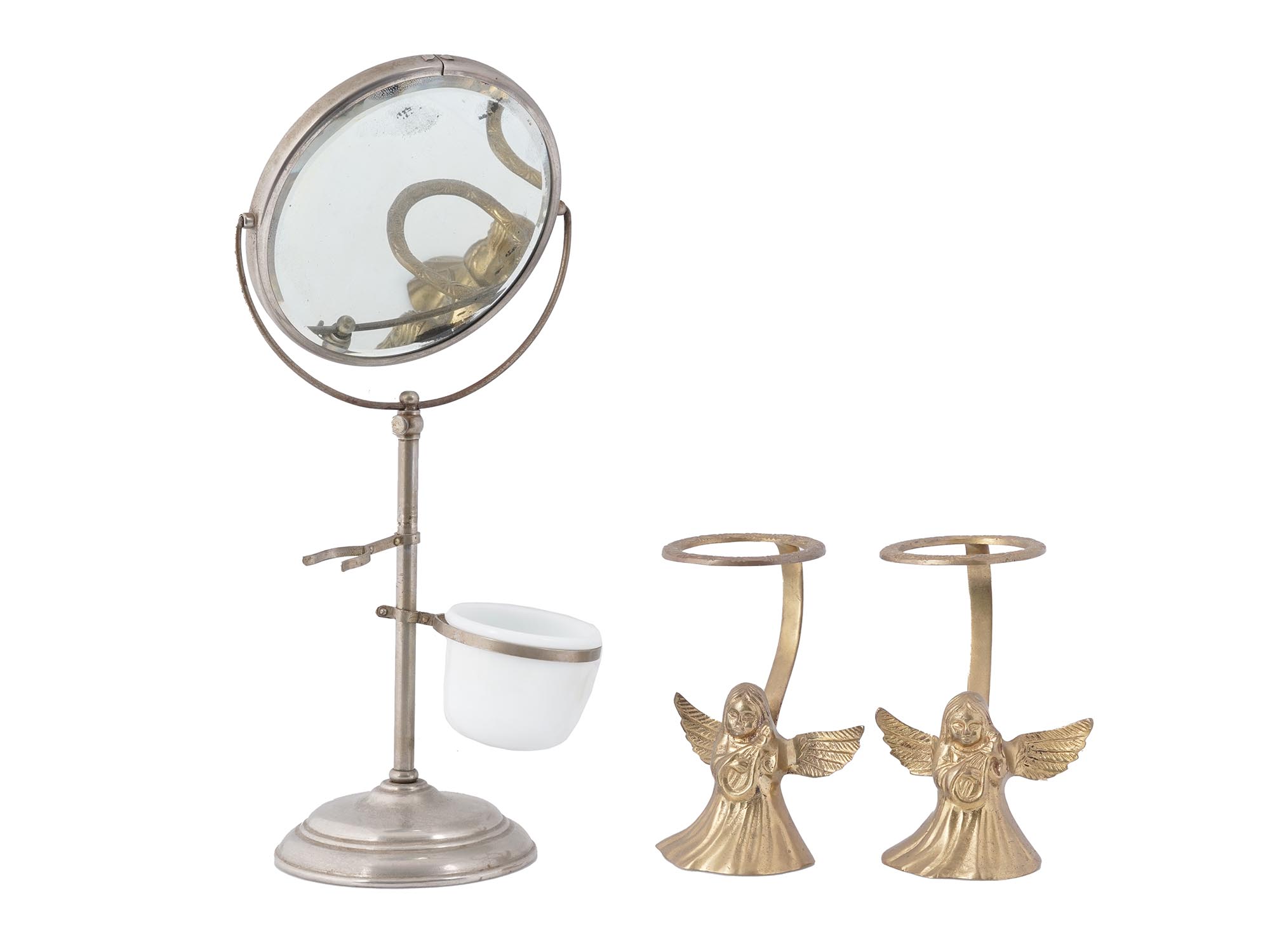 BRASS CANDLE HOLDERS AND APOLLO SHAVING MIRROR PIC-0